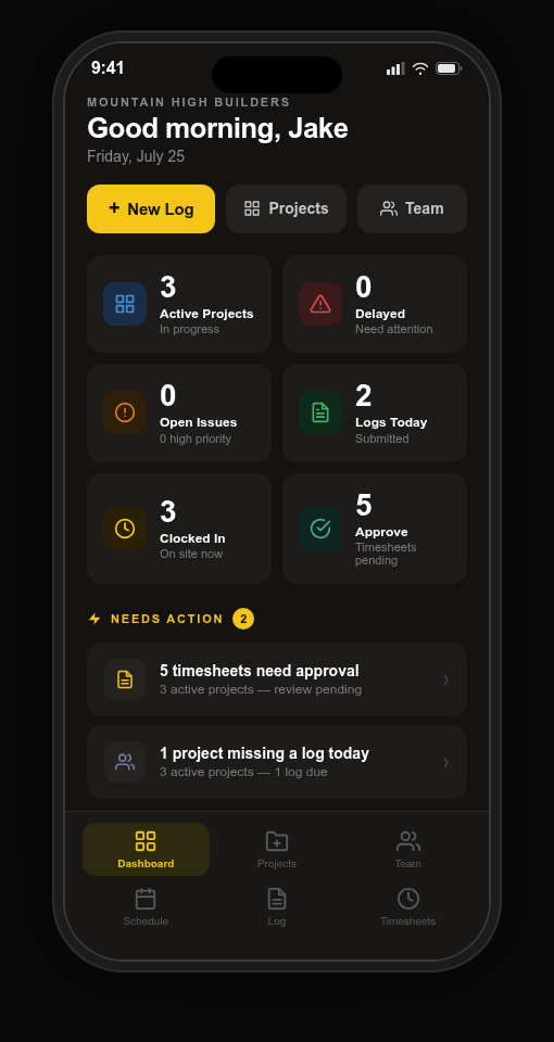 Rafter mobile app dashboard showing project activity and field management tools